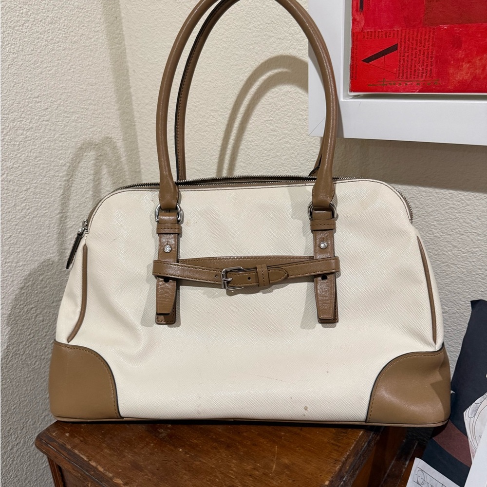 Chic White and Brown Handbag with Buckle